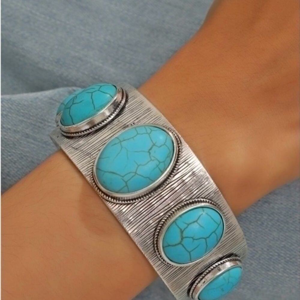 Silver Tone & Turquoise Wide Open Cuff Bracelet - Picture 10 of 10